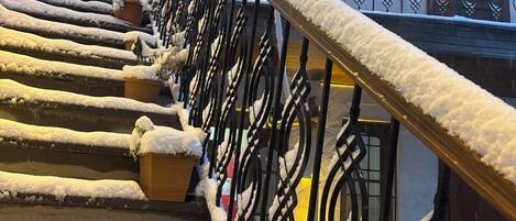 Uma escadaria com degraus e corrimãos cobertos de neve, levando a uma entrada de edifício.