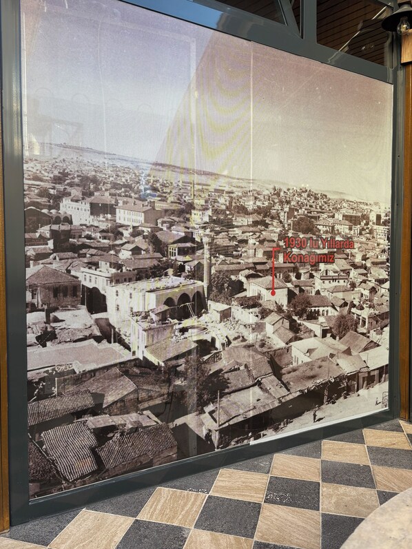 A historical aerial photograph of a town with distinct architectural styles and a prominent bridge. - ALİ RIZA BEY KONAĞI (Gaziantep)