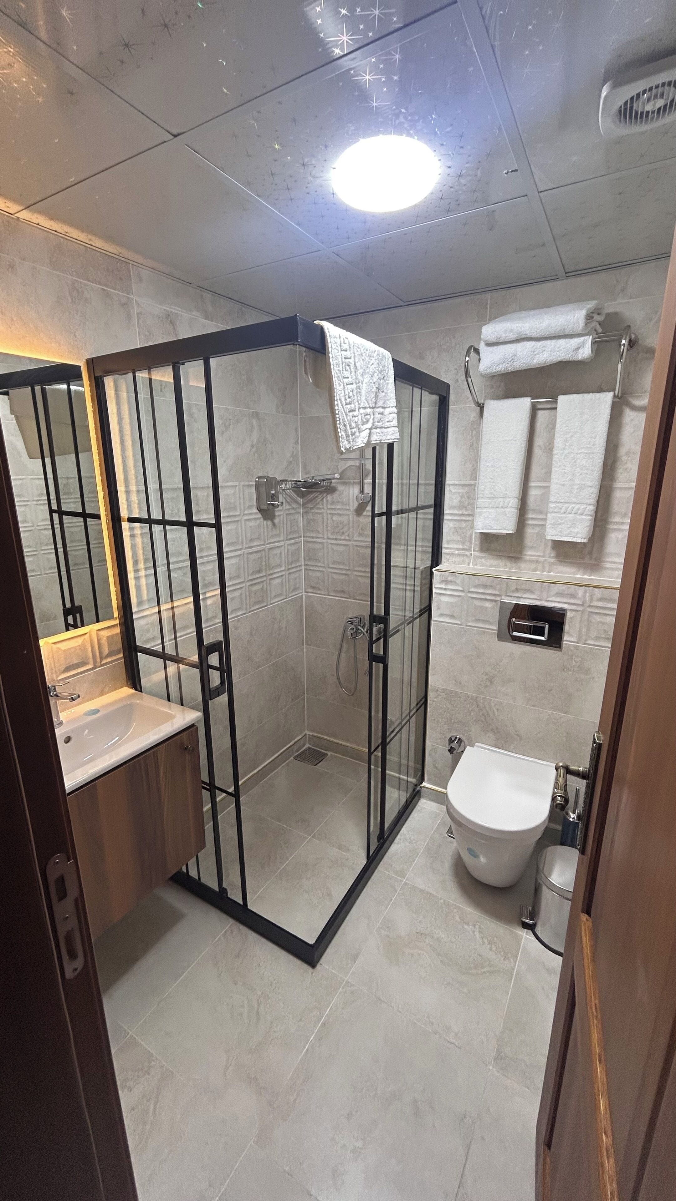 Un baño moderno con cabina de ducha de vidrio, inodoro y lavamanos.