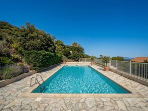 A rectangular swimming pool with stone tiles, surrounded by a metal fence and potted plants.