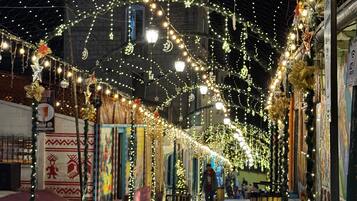 Una escena nocturna en la calle con luces decorativas y un camino adoquinado.