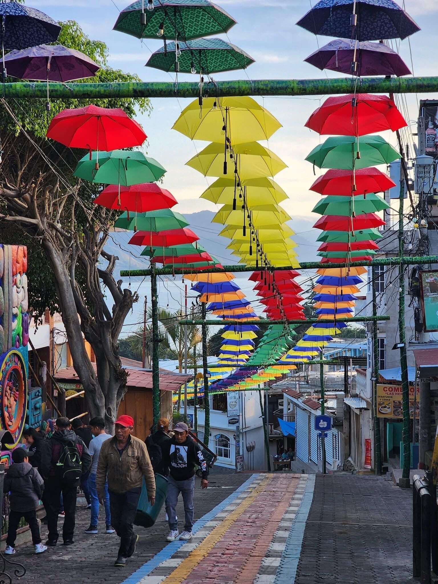Calle con paraguas de colores colgando, un árbol y edificios con letreros.
