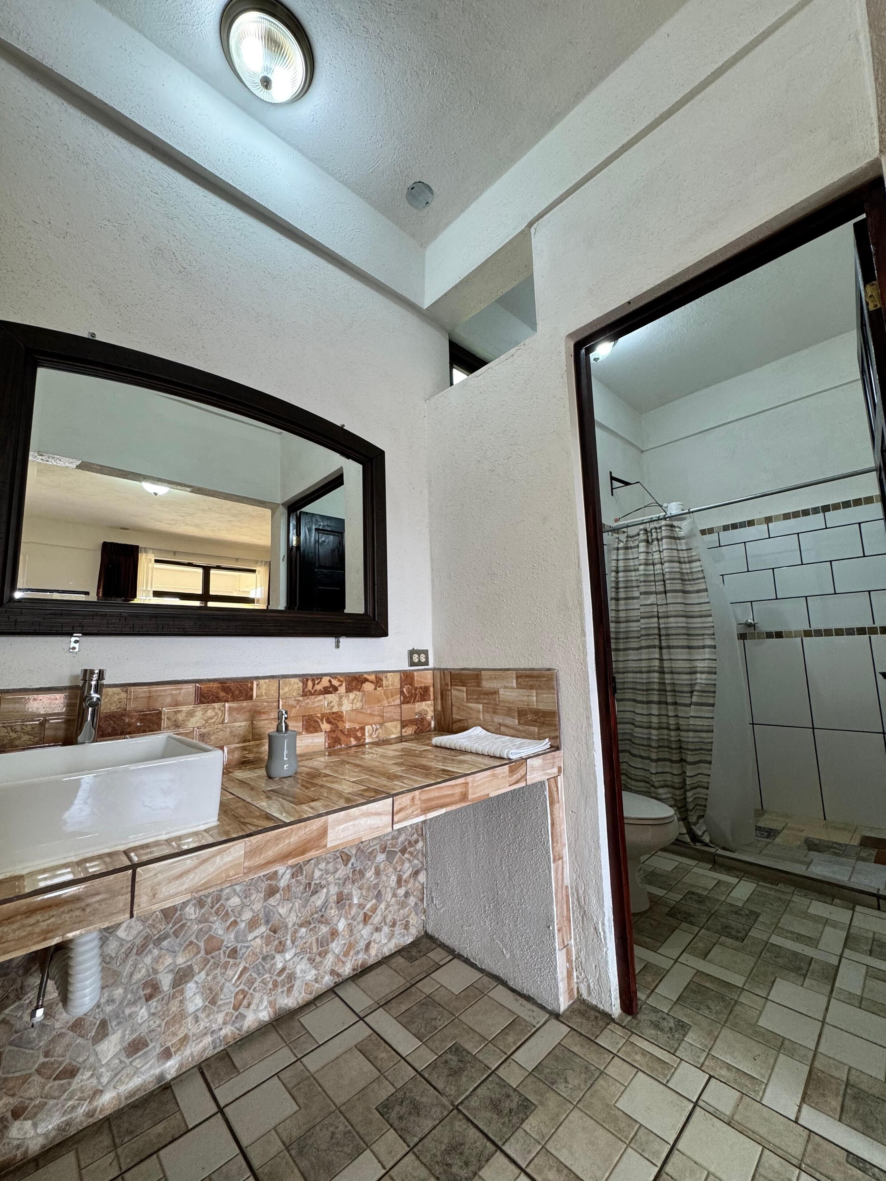 A bathroom with a large mirror, a sink, and a shower area.