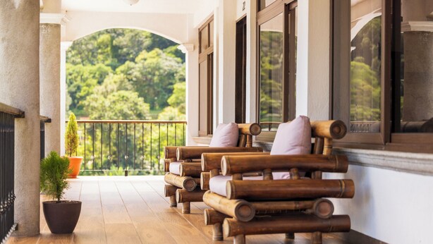 A wooden deck with outdoor seating, a potted plant, and a view of greenery.