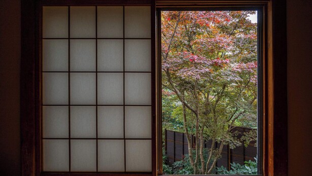 A traditional Japanese shoji screen with a view of a garden through a window. - Tsurumaki Onsen Motoyu Jinya (Hadano)