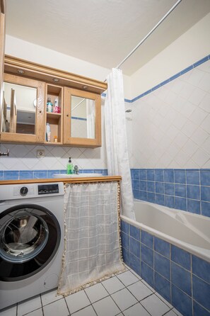 Hair dryer, towels, soap, toilet paper