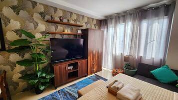 Una sala de estar moderna con televisor de pantalla plana, armarios de madera, una planta grande en maceta, un sofá y una ventana con cortinas traslúcidas.