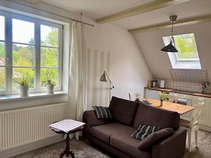 Une pièce chaleureuse avec un canapé marron, une petite table, une fenêtre avec des rideaux, un coin cuisine et une lucarne.
