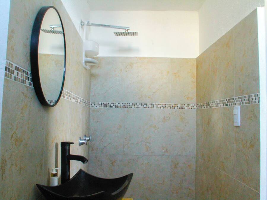 A bathroom with a black sink, a mirror, and a shower.