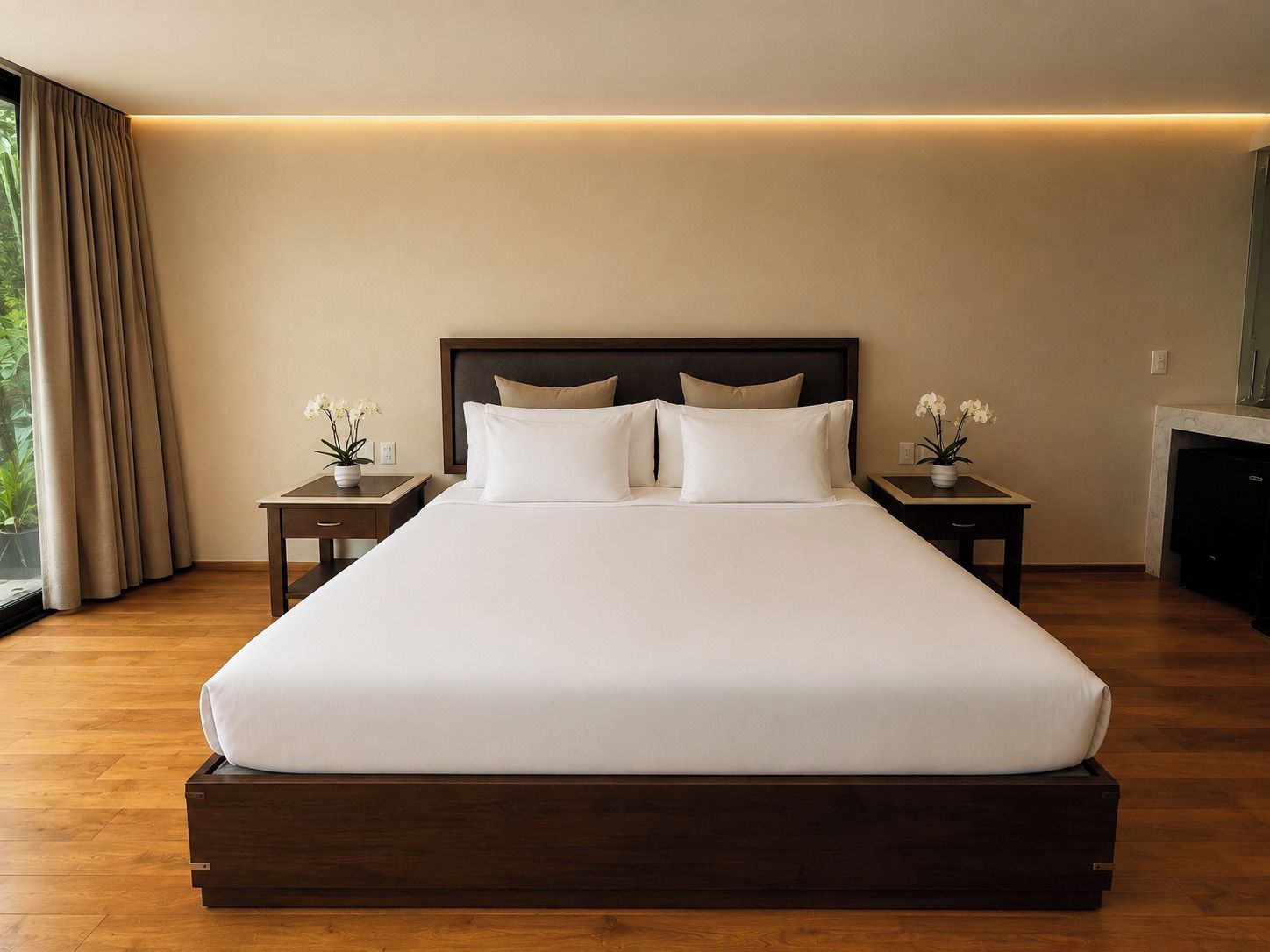A large bed with a wooden frame, two bedside tables with lamps, and a view of greenery outside.