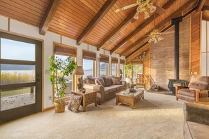 Smart TV, fireplace, DVD player, books