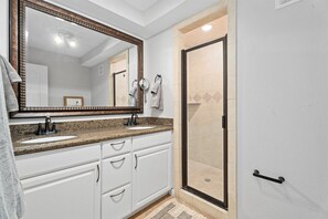 Douche, séchoir à cheveux, serviettes fournies