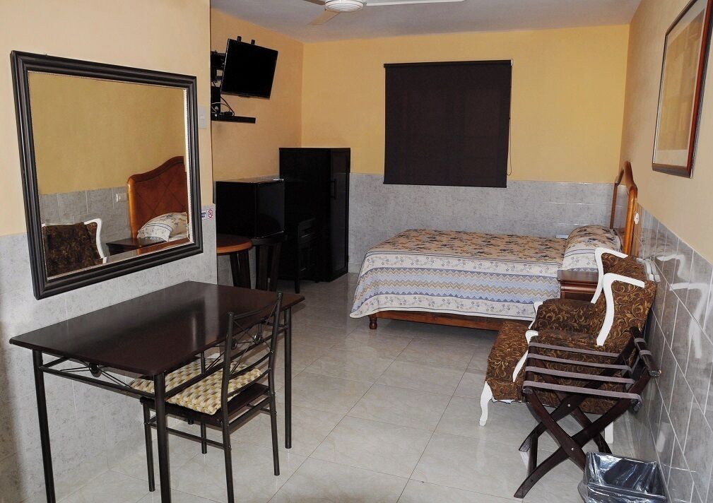 A bedroom with a bed, a desk, a chair, a television, and a large mirror.
