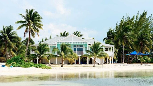 Una proprietà fronte spiaggia con una grande casa, palme e una spiaggia sabbiosa.