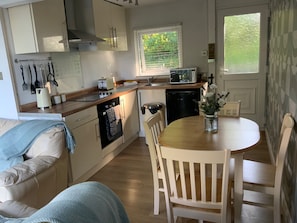 Cabin | Private kitchen | Fridge, microwave, oven, stovetop