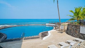 A pool with a curved edge, a stone wall with a sign, lounge chairs, and a palm tree.