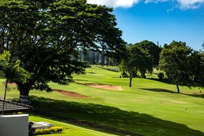 A golf course with a large tree in the foreground, a clear blue sky, and a well-maintained lawn.