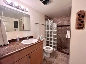 Shower, hair dryer, towels
