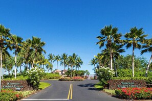 A road leading to Waikoloa Colony Villas with a clear sky, palm trees, and a signboard. - Honu Harmony | Pools, Golf Privileges, & More (Waikoloa Beach Resort)
