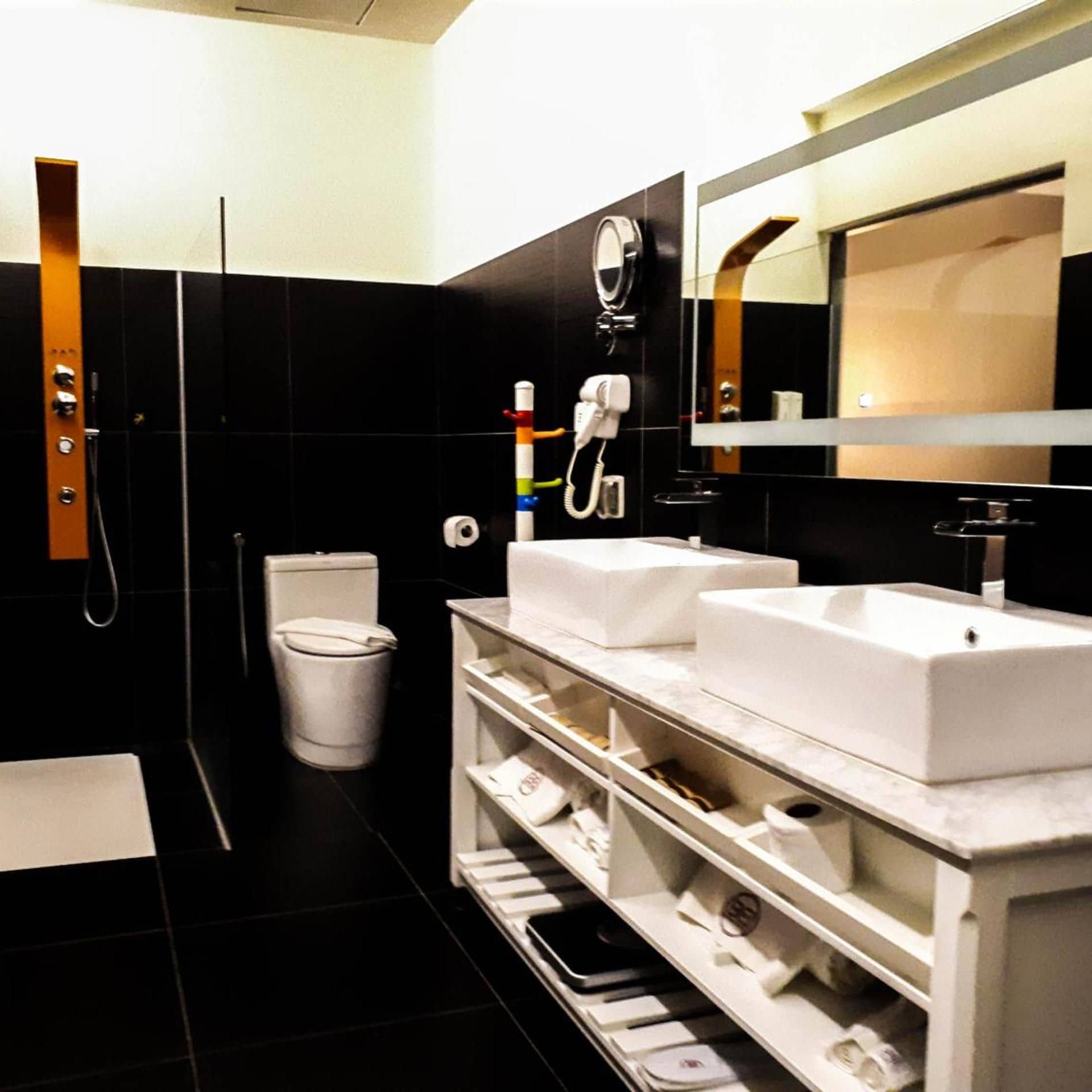 A modern bathroom with a black tiled wall, a white toilet, a sink with a mirror above it, and a shower area.