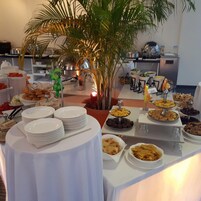 A buffet setup with various food items and a decorative plant.