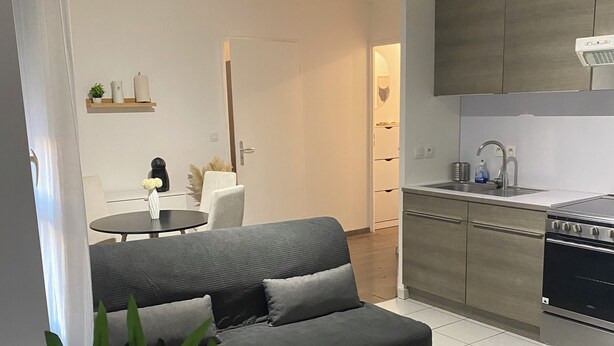 A modern living room with a grey sofa, a round coffee table, and a dining table with chairs. There is a kitchen area with a stove and cabinets.