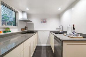 Fridge, microwave, dishwasher, electric kettle