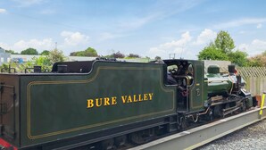 Ein grüner Zug mit der Aufschrift 'BURE VALLEY'.