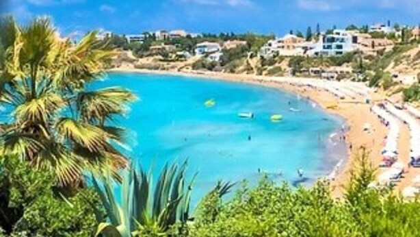 Une vue sur la côte, avec une plage, des palmiers et des bâtiments en arrière-plan.