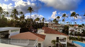 A residential area with houses, a swimming pool, and palm trees.
