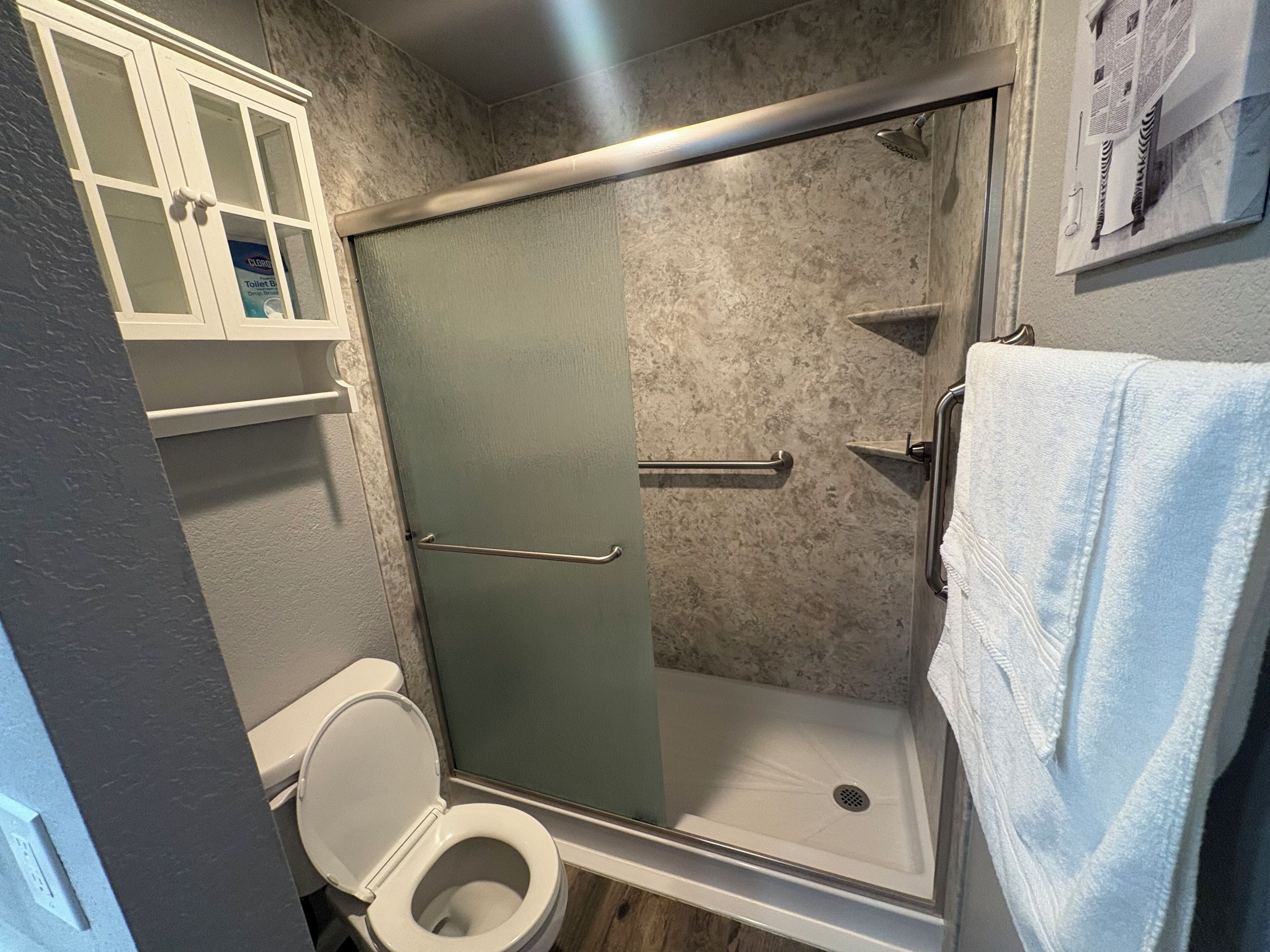 Hair dryer, towels, soap, toilet paper