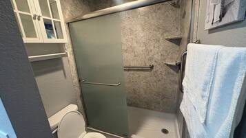 Hair dryer, towels, soap, toilet paper