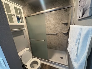 Hair dryer, towels, soap, toilet paper