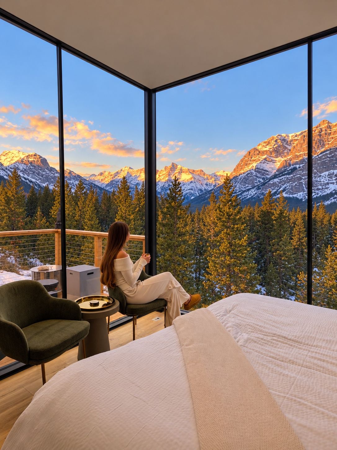 A room with a large window overlooking a mountainous landscape.