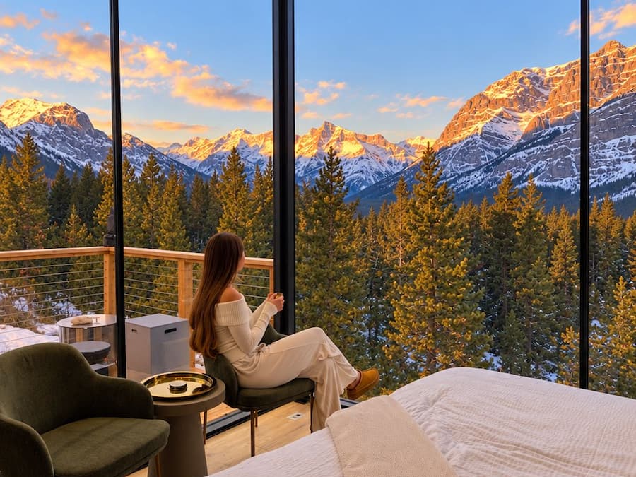 A room with a large window overlooking a mountainous landscape.