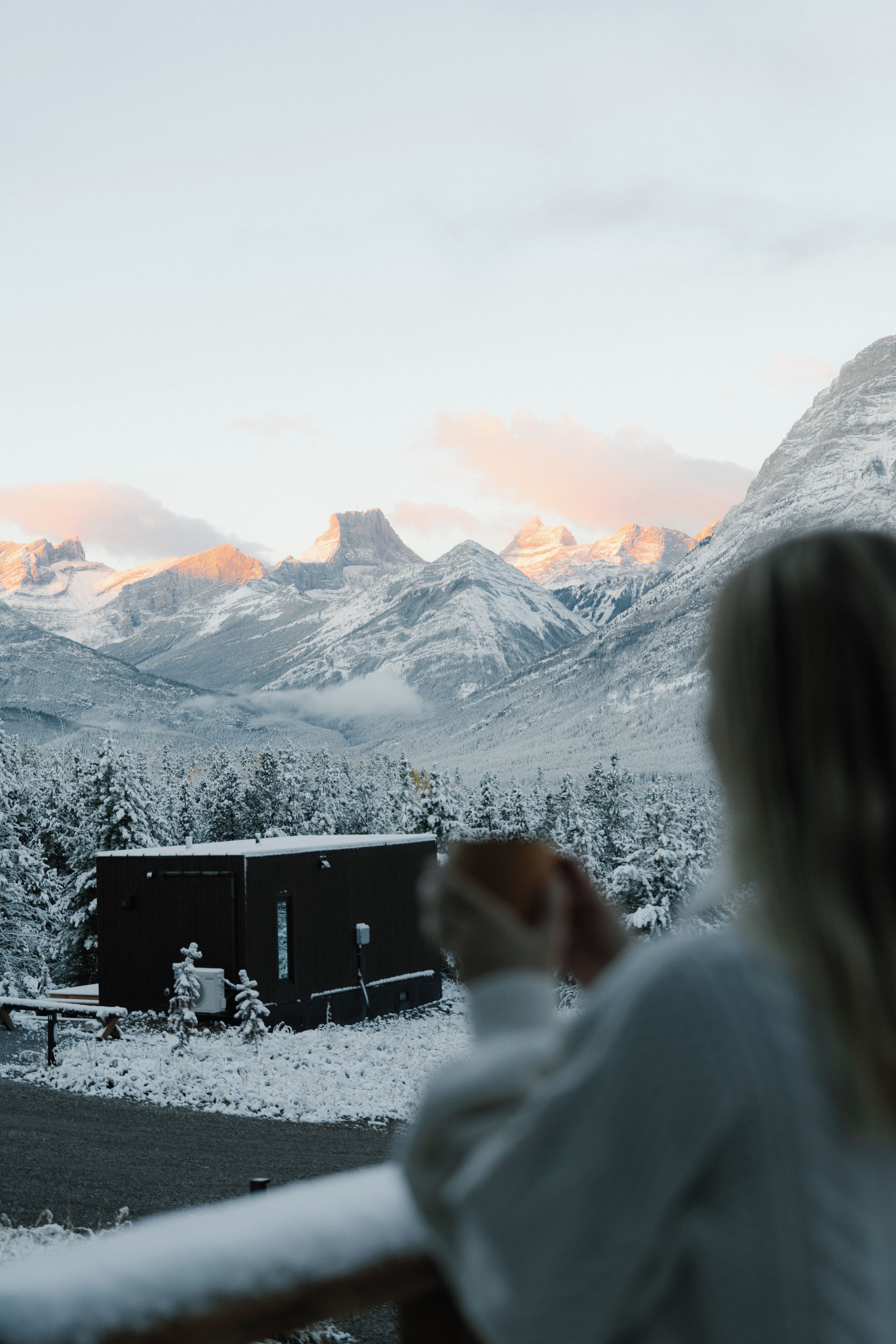 A cabin with a snow-covered landscape in the background.