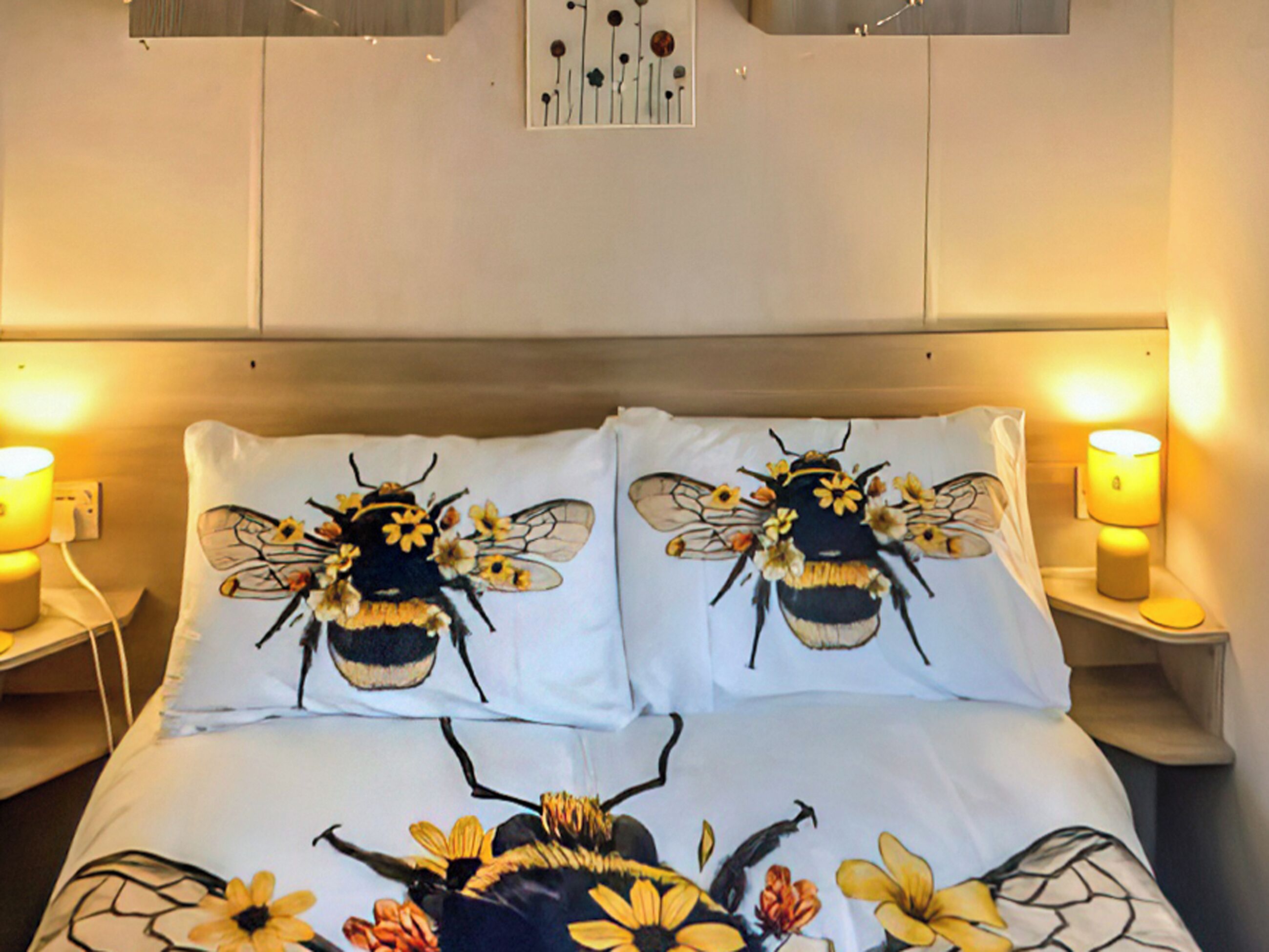 A bed with two pillows featuring a bee design, a bedside table with a lamp, and a wall-mounted artwork above the bed.