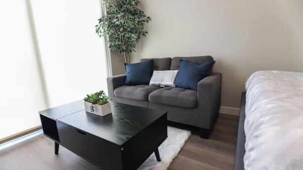 Uma sala de estar moderna com um sofá cinzento, uma mesa de centro preta e um tapete branco.