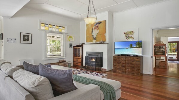 Smart TV, fireplace, books