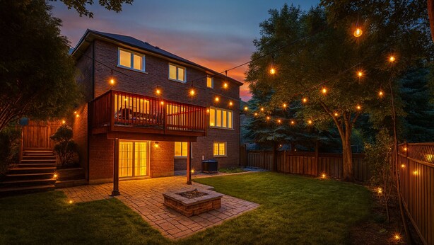 Een tweelaags huis met een balkon, een vuurkuil en sfeerverlichting in de achtertuin.