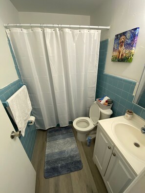 Secadora de cabello, toallas, jabón, papel de baño