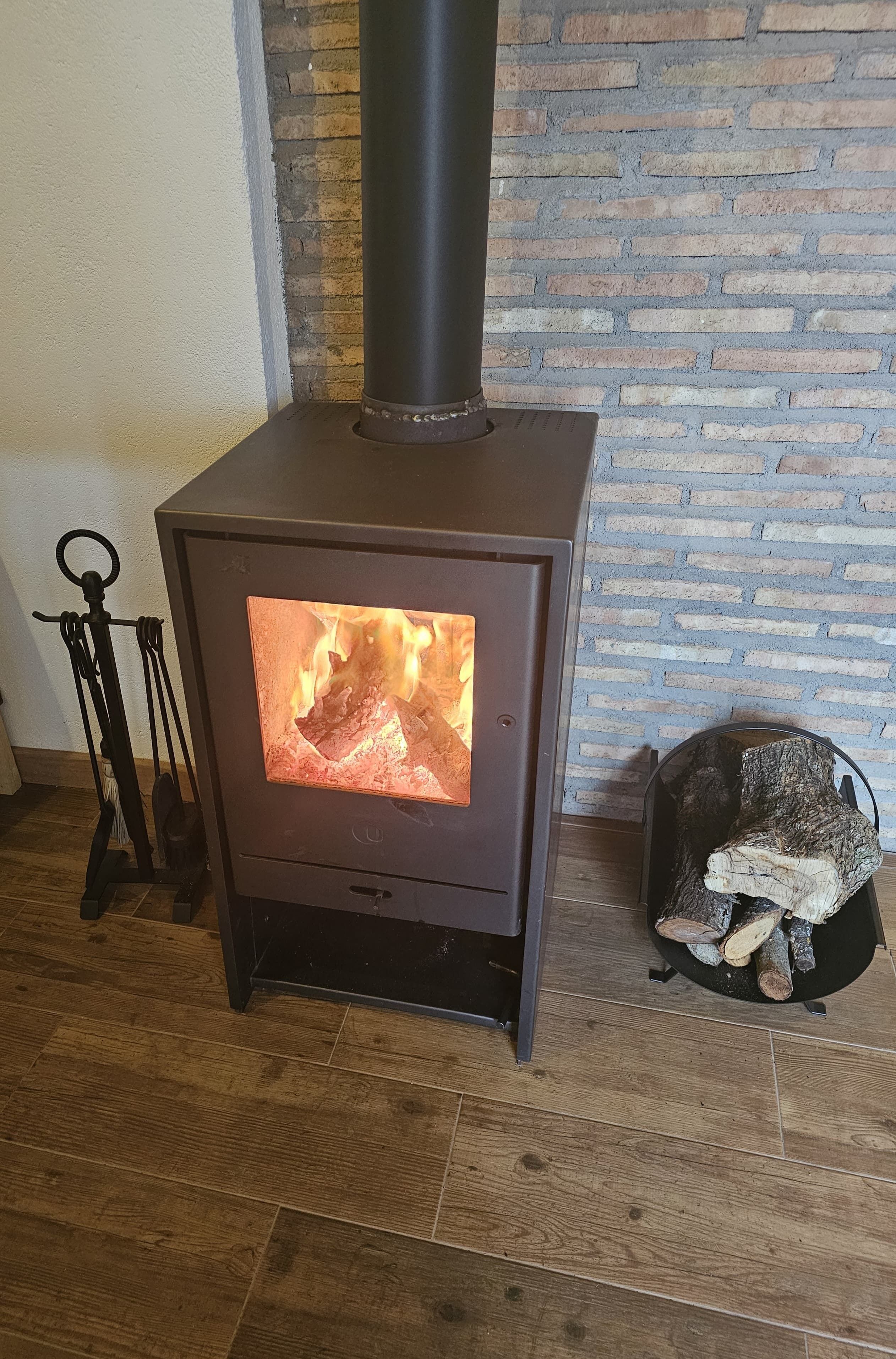 A wood-burning stove with a visible fire, a brick wall, and a metal rack with a ring.
