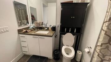 Hair dryer, towels, soap, toilet paper