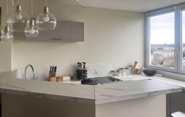 Fridge, microwave, oven, stovetop