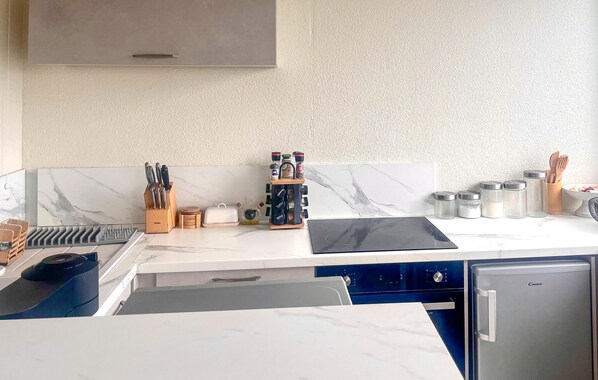 Fridge, oven, stovetop, coffee/tea maker