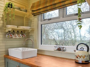 A kitchen with a window, a sink, a kettle, and shelves with dishes and plants.