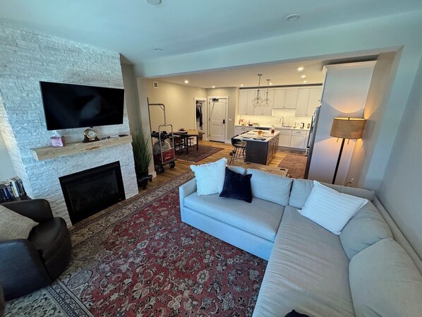 Smart TV, fireplace, books