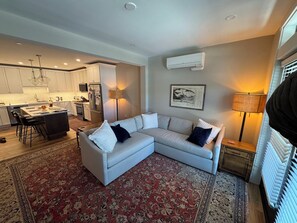 Smart TV, fireplace, books