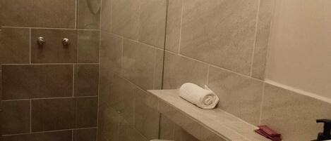 Un baño con ducha, inodoro y lavamanos.