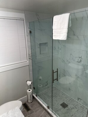 Hair dryer, towels, soap, shampoo